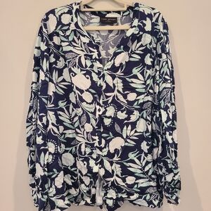 Lane Bryant Blue Foral Button Front Blouse